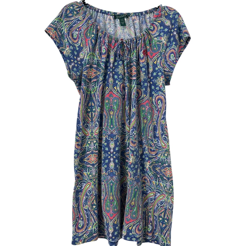 Lauren Ralph Lauren Blue Paisley Cap Sleeve Nightgown Size Large Short Sleeve